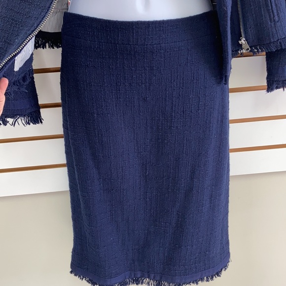 J. CREW Tweed Moto 2 pc Suit Set Jacket (6) ; Skirt (4) Navy Blue Tweed Fringe - Picture 15 of 16